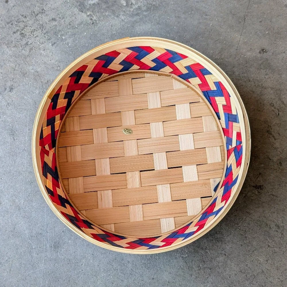 Vintage Wicker Basket Red Blue Tan Woven Round Bowl Boho Cottagecore